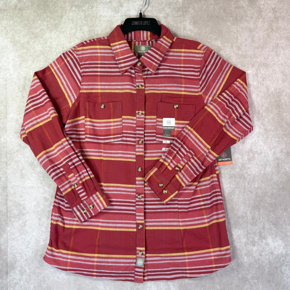 44 Degrees North Shirt Women Large Red Plaid Stain Resistant LS Lumberjack Cabin